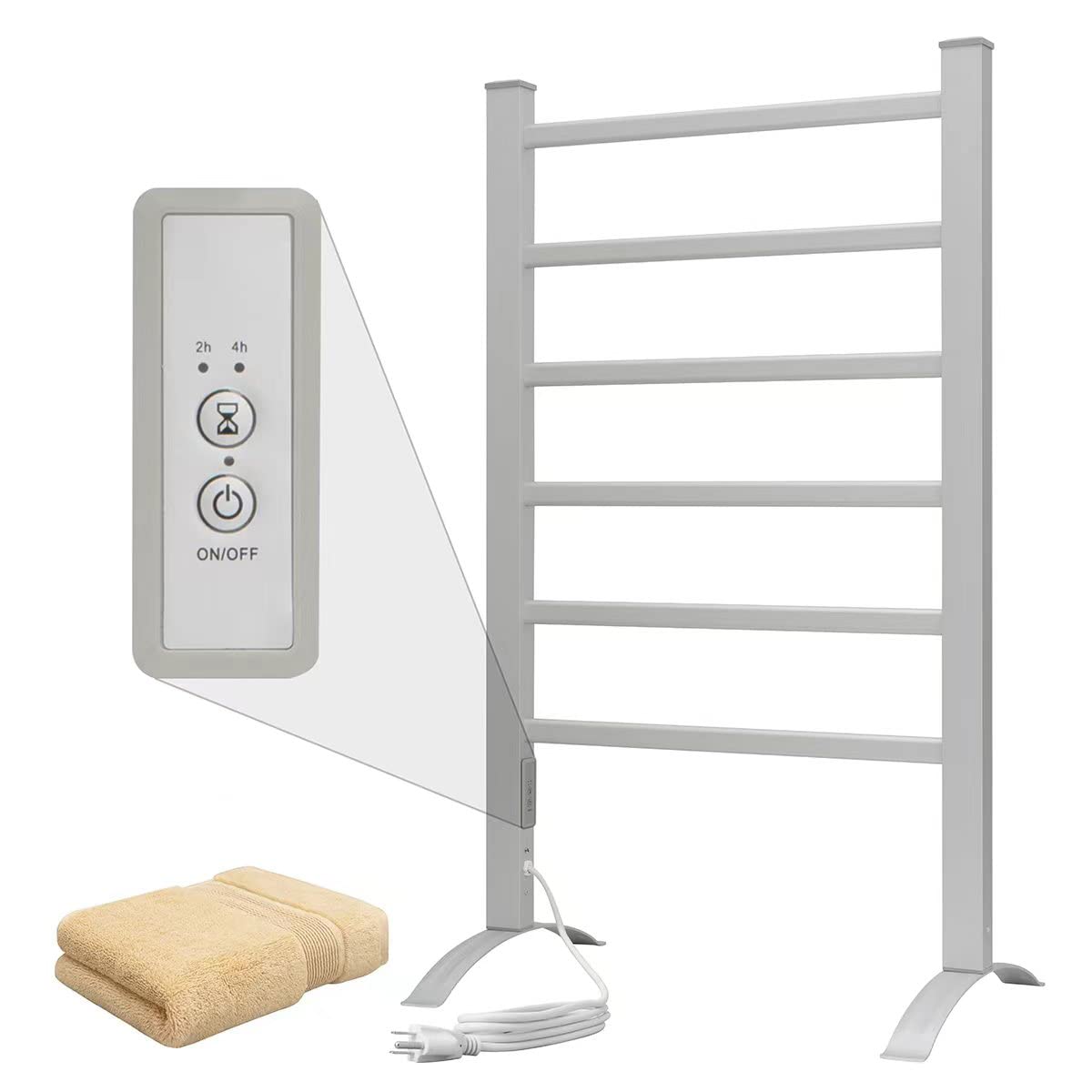 KEG Towel Warmer 8 Bars for Bathroom Freestanding or Wall Mounted Bath Towel Heater Plug-in with Built-in Timer Silver