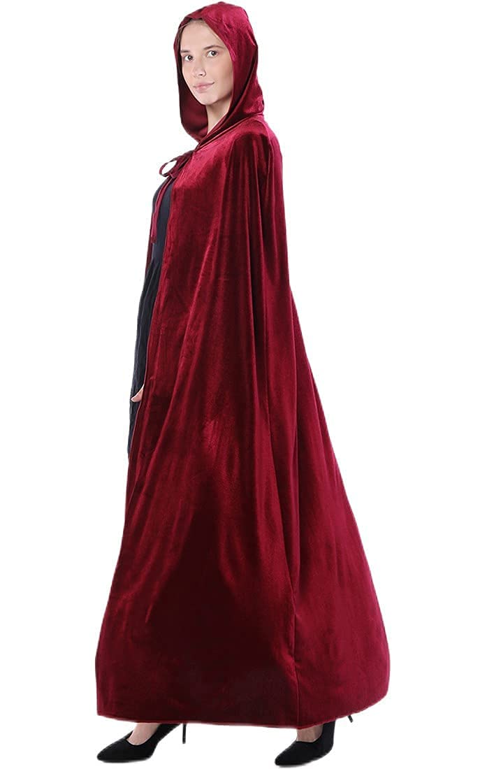 Velvet Cloak Cape Wizard Hooded Party Halloween Cosplay Costumes for Men Women 53" (Wine Red)
