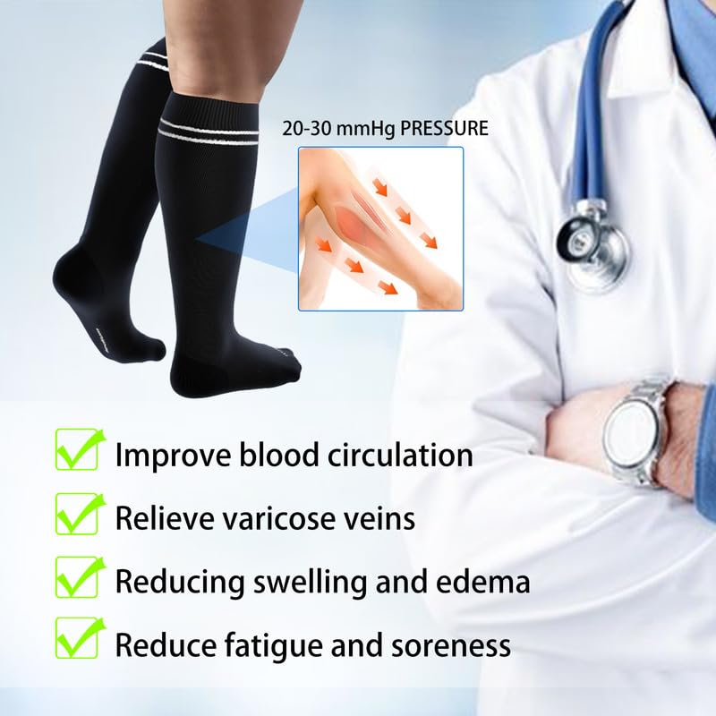 LEVSOX Bamboo Compression Socks for Women&Men 20-30 mmHg Knee High Cute Support Socks for Nurses, Pregnant Women, Travel, 4 Pair-black, XL