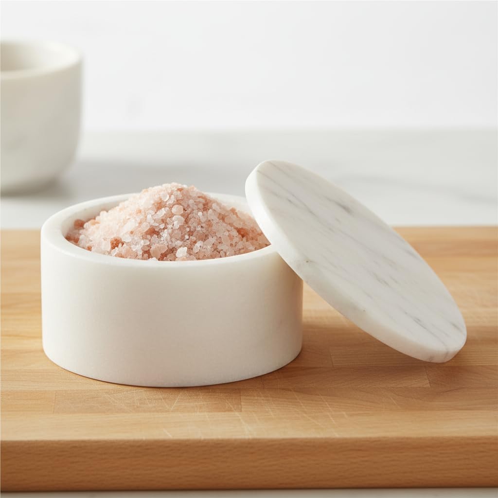 Queenza White Marble Salt Cellar with Lid – Handmade 3 Inch Marble Salt Bowl, Kosher Salt Keeper, Spice & Herb Container
