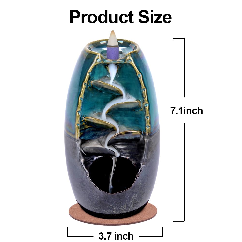 SPACEKEEPER Ceramic Backflow Incense Holder Waterfall Incense Burner, Aromatherapy Ornament Home Decor with 120 Backflow Incense Cones + 30 Incense Stick , Blue Set