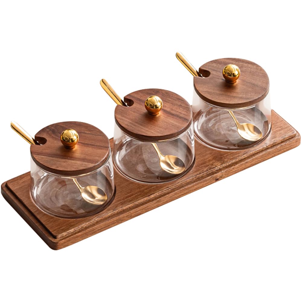 ANQIA Condiment Containers Set with Acacia Wood Lids and Tray Seasoning Box Condiment Pots Jars with Spoons for Spice Salt Sugar Cruet (Gold Top, 3 Jars with Tray)