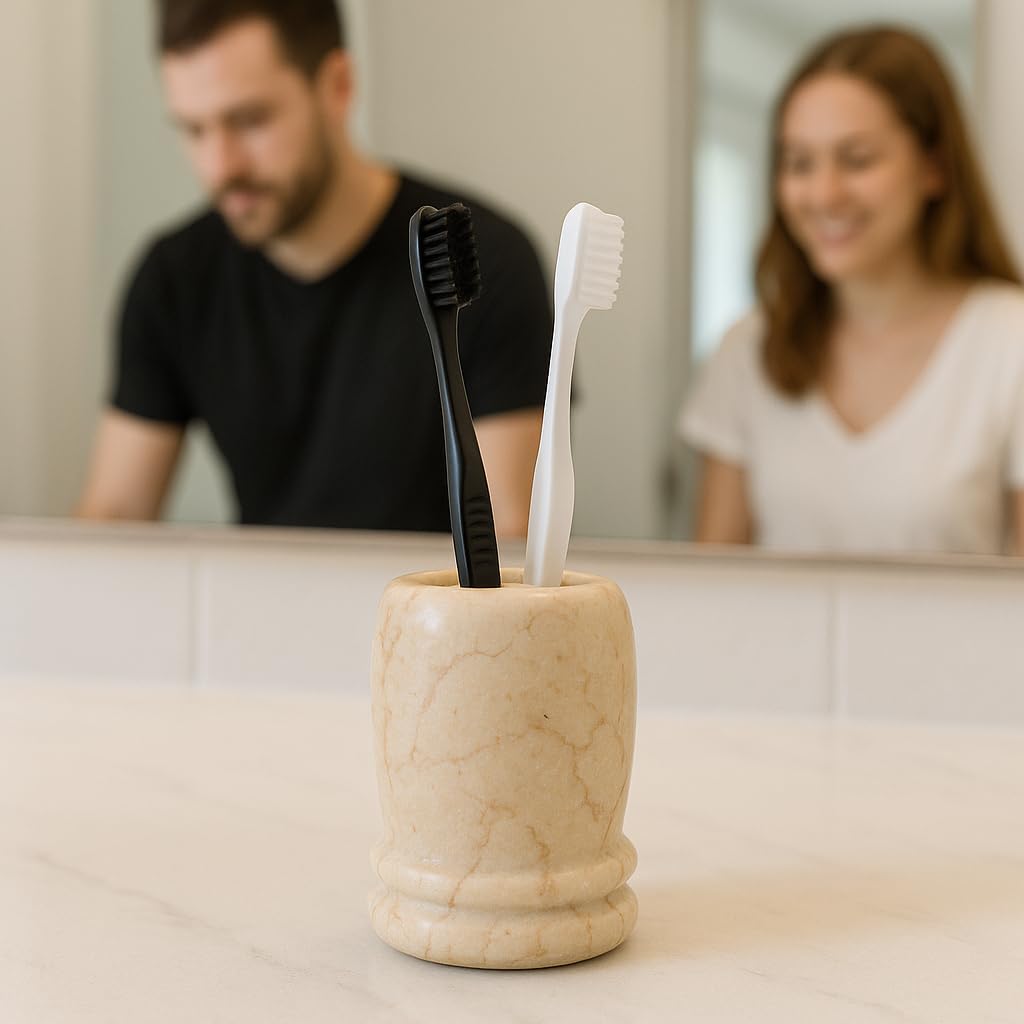 Creative Home Marble Toothbrush Holder, Natural Champagne Beige Double Ring Design, Hand Polished Finish, Weighted Stone & Water Resistant, 3-Slot Bathroom Countertop Organizer for Makeup Brushes