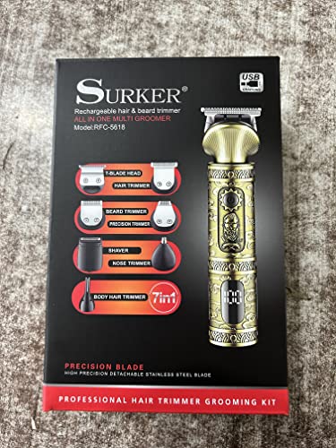 Surker Professional Beard Trimmer Kit - Zero Gapped T-Blade Electric Shaver, Nose & Body Trimmer - Cordless Grooming Kit 7 in 1