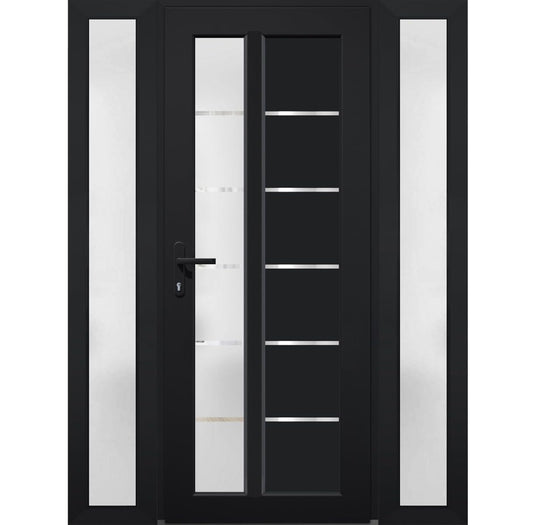 VDOMDOORS Front Exterior Prehung Fiberglass Door Frosted Glass/Manux 8088 Matte Black / 2 Side Exterior Windows/Entrance Patio Garage-W16+36+16" x H80-Right-hand Inswing