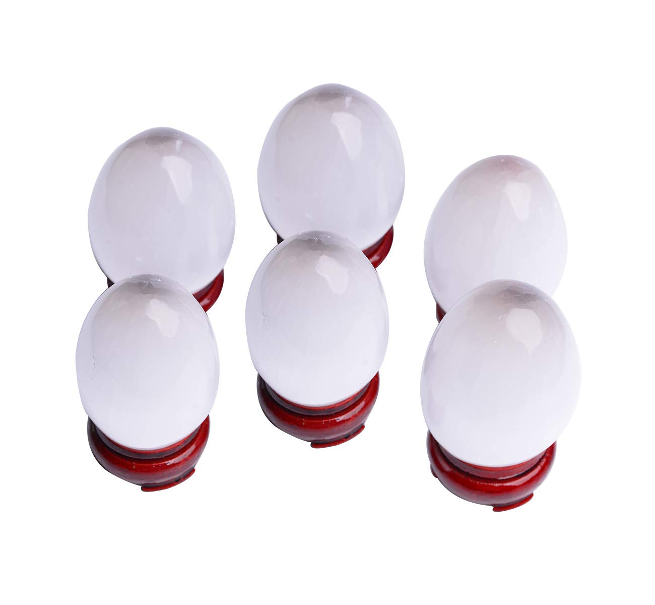 AMOYSTONE Selenite Eggs (6 Pcs) - Morocco Selenite Crystals with Wooden Base for Healing, Reiki, Meditation, Home Decor & Office Desk (1.5-2")