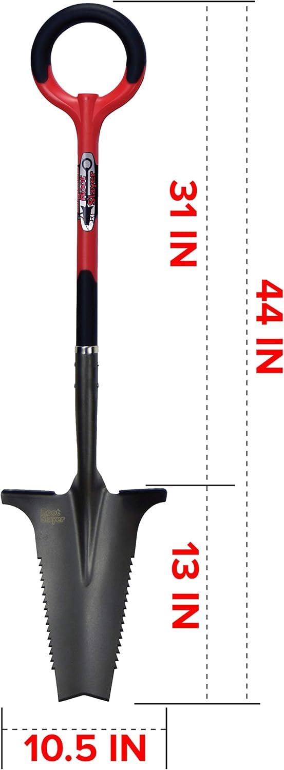 Root Slayer 22011 Garden Shovel with Serrated Blade for Digging and Root Cutting, Heavy Duty Steel Spade, Red