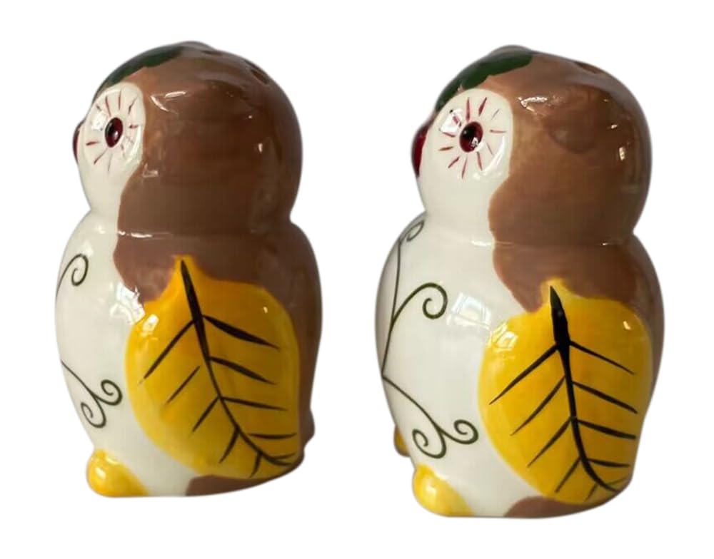 Ceramic Owl Salt and Pepper Shakers, 2-Piece Set | Spice Dispenser Storage Canisters - Brown