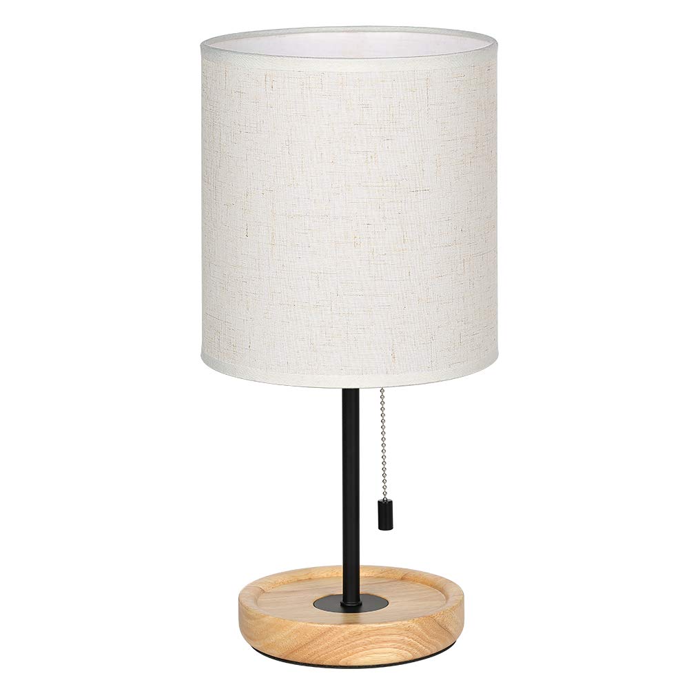 CADUKE Modern Table Lamp, Nightstand Desk Lamp, Bedside Lamp with Wood Base and Linen Shade for Living Room, Bedroom, Office, College Dorm