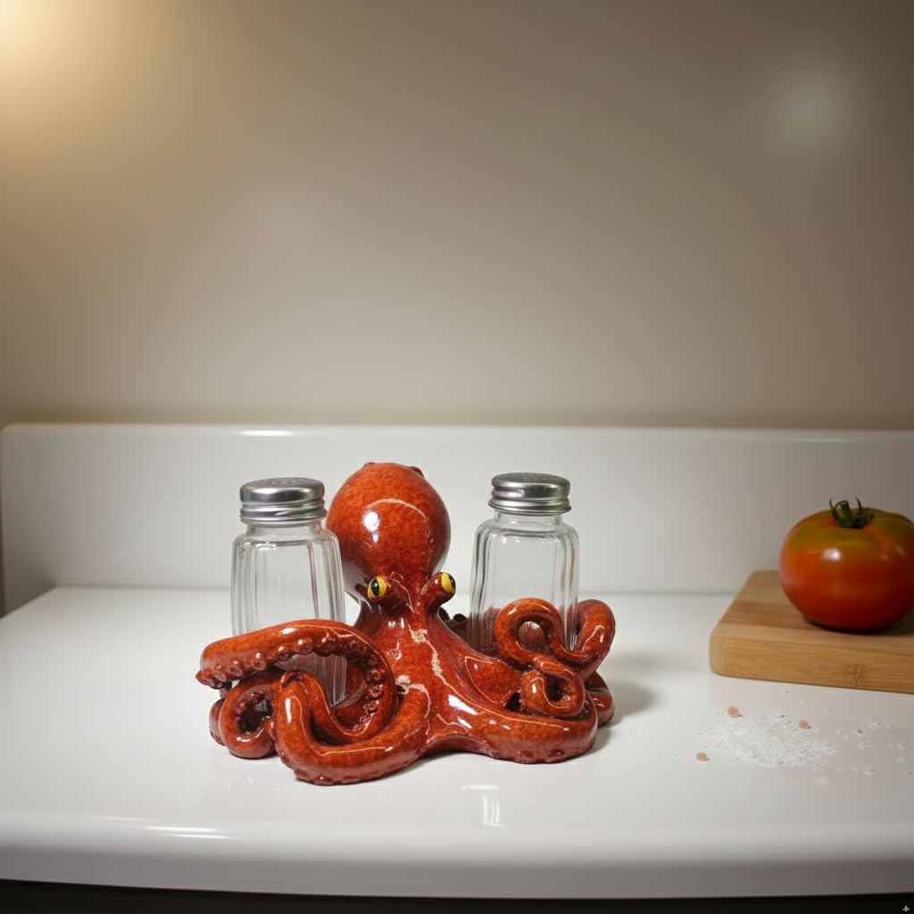 Comfy Hour 5" Octopus Salt and Pepper Shaker Duo, Decorative Coastal Ocean Figurine Holder for Kitchen Tabletop, Artisan Crafted Resin Animal Accent, Includes 2-Count Glass Bottles, Brown
