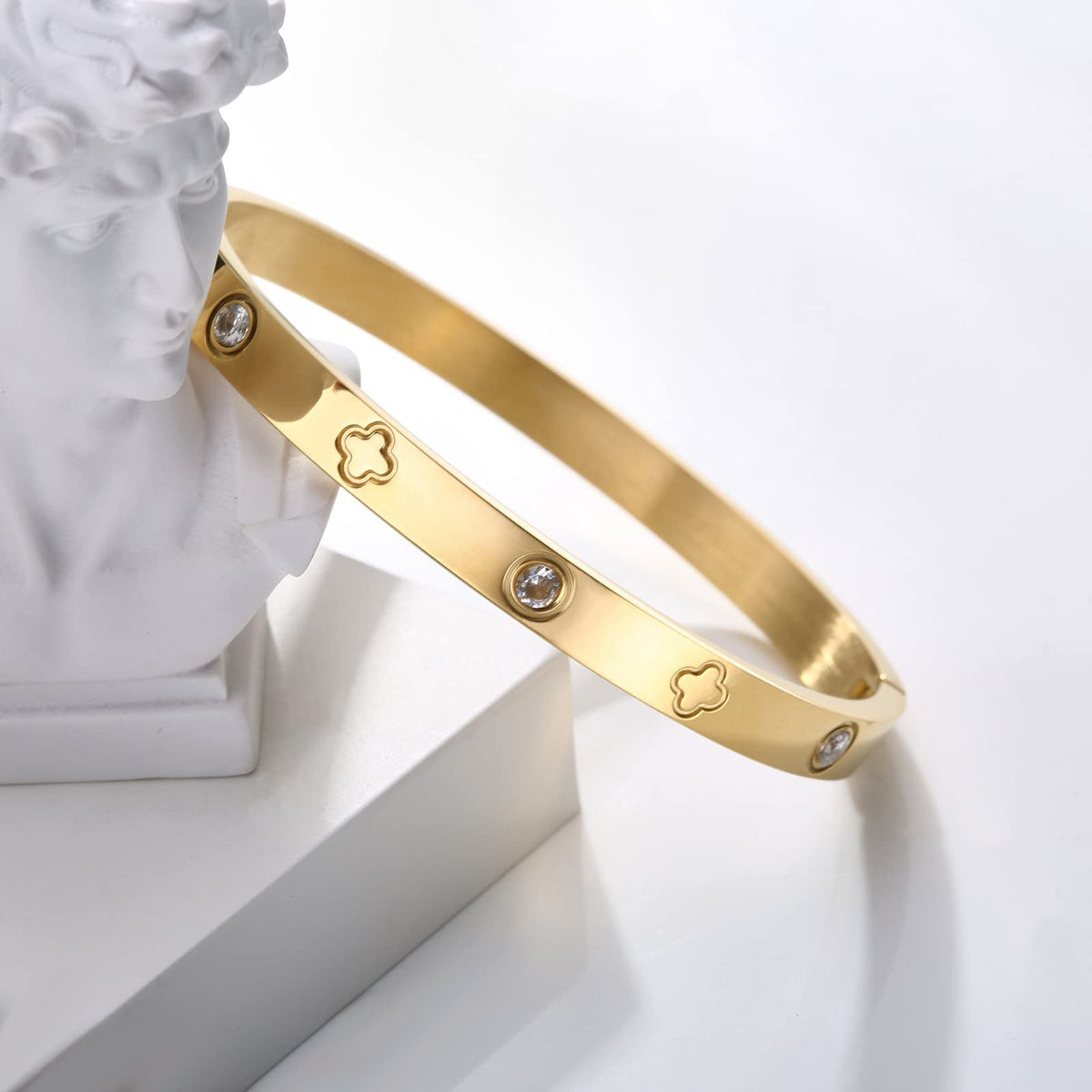 PDWZNBA 18K Gold Plated Love Friendship Bracelets with CZ Stones Trendy Stainless Steel Bangle Jewelry