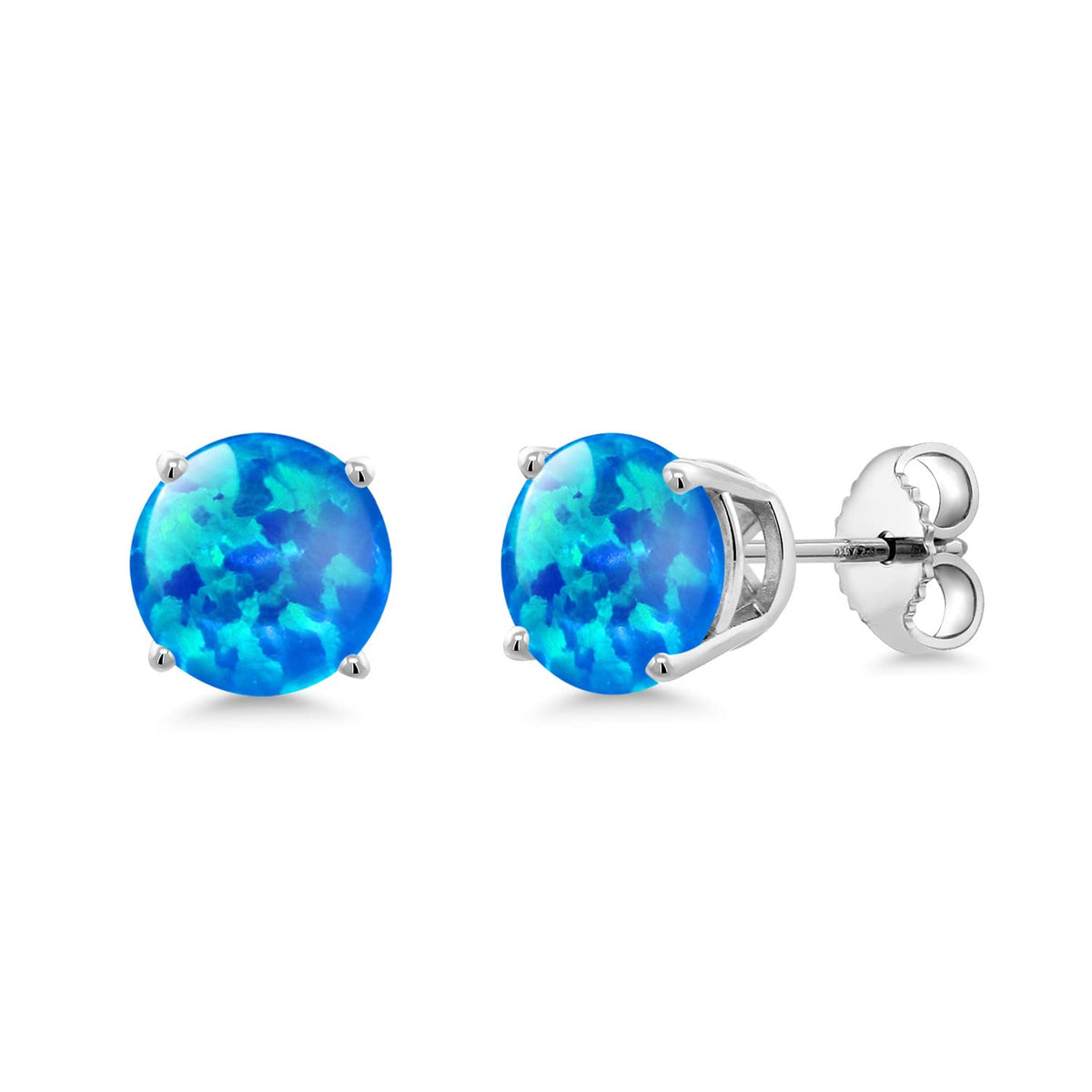 Gem Stone King 2-4 Cttw Round Gemstone Birthstone Stud Earrings For Women Men | 925 Sterling Silver | Round 7MM | Fine Jewelry Gifts for Women Her Mom Wife Men | Blue Simulated Opal-Cabochon-October