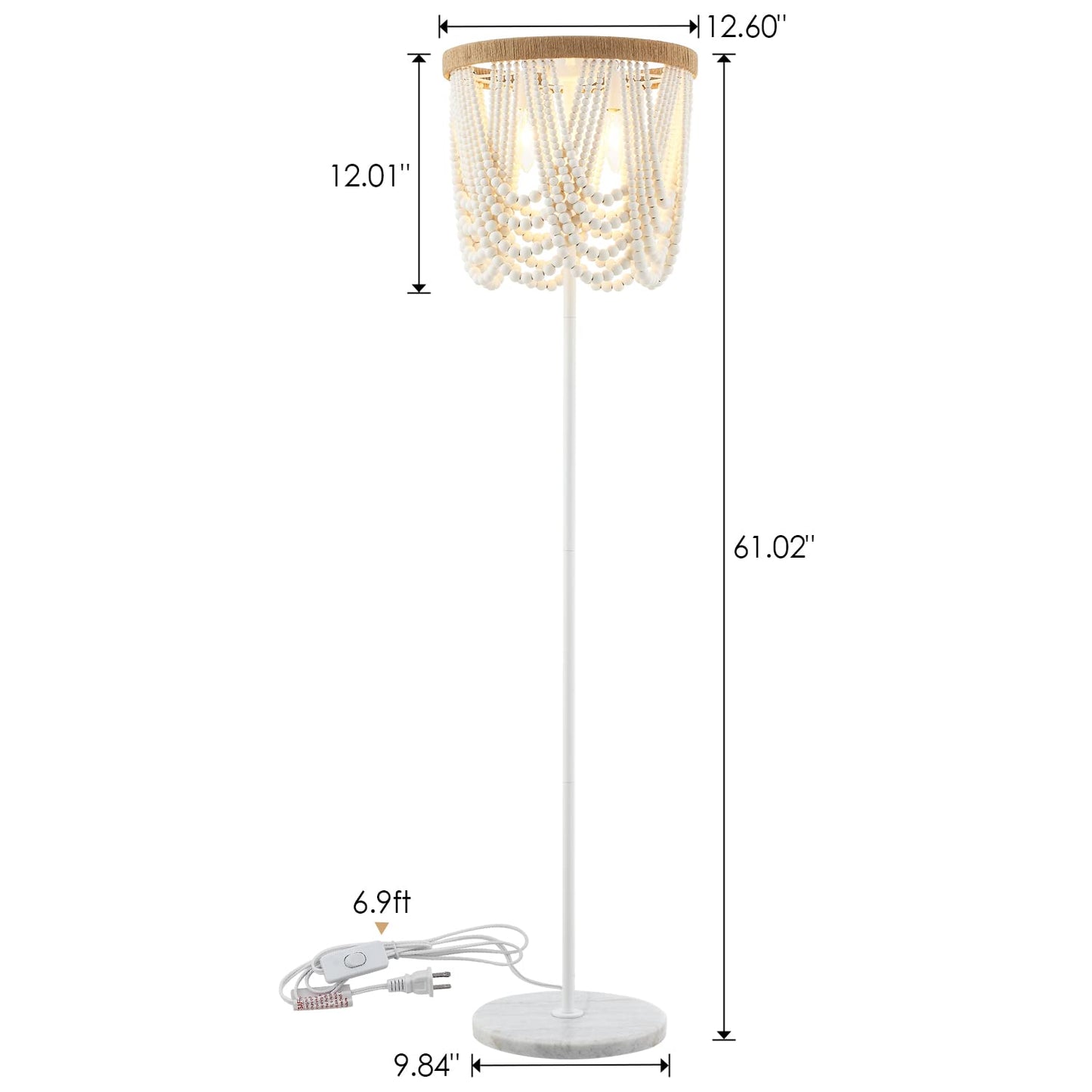 VILUXY Bohemia Wood Beaded Boho Floor Lamp - Antique Rustic White Finishing for Bedroom, Nursery, Dining, Girl Room - 3-Light