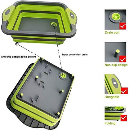 YZWDTGS Collapsible Cutting Board with Colander, Foldable Multi-function Kitchen Plastic Silicone Dish Tub, Fruits Vegetables Wash and Drain Sink Storage Basket (Green)