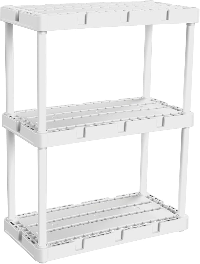 Gracious Living 3 Pack Light Duty Storage Shelves, Knect-A-Shelf 3-Shelf Ventilated Shelving Rack Organizer for Home, Garage, Basement, Laundry, White