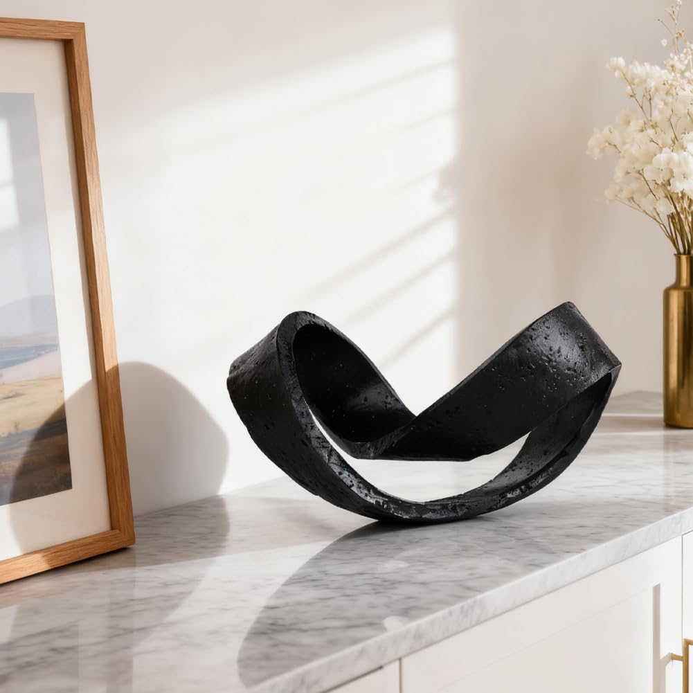 Modern Black Geometric Sculpture, Black Knot Home Accent Decor, Multi-Angle Abstract Art Statue for Coffee Table, Bookshelf, Living Room, Office - Resin Artistic Knot Decor for Home and Office