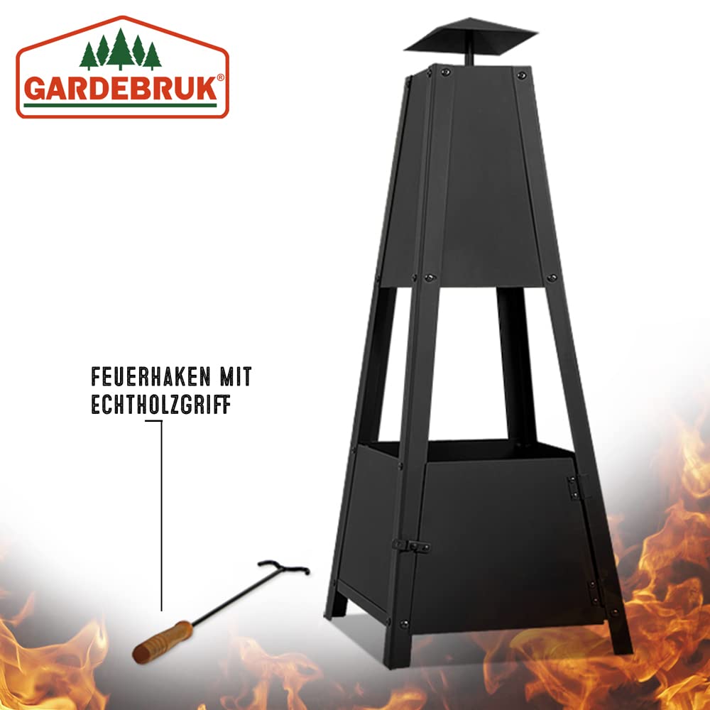 GARDEBRUK® Pyramid Fire Pit | Smoke Outlet | Garden Patio Heater with Lockable Door | Firm Stand | Wood Charcoal Fire Basket Chimenea with Poker | 102cm / 40' | 5kg | Black