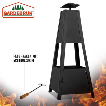 GARDEBRUK® Pyramid Fire Pit | Smoke Outlet | Garden Patio Heater with Lockable Door | Firm Stand | Wood Charcoal Fire Basket Chimenea with Poker | 102cm / 40' | 5kg | Black