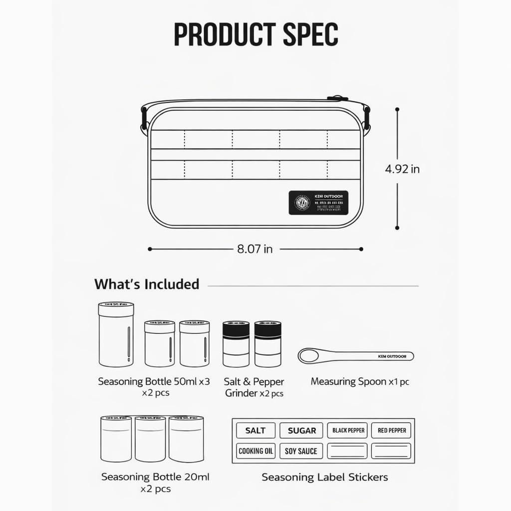 Camping Spice Kit with 2 Salt and Pepper Mills - Portable Seasoning Storage Bag, Travel Spice Organizer Set for Family Camping, BBQ, RV Living (Khaki, Medium)