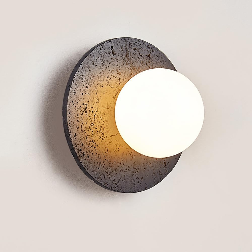 BFFGKGL Modern Natural Black Travertine Hallway Wall Sconce Nordic Creativity Round Transmittance Glass Bedside Wall Light Japanese Minimalist Aisle Wall Lamp For Living Room Stairs Living Room Balcon