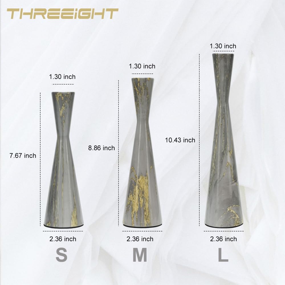 Threeight Metal Taper Candle Holders Set of 3 for Pillar Candles, Grey Marble Pattern Candle Stick Set Modern Decorative Centerpiece for Table Mantel,Wedding Housewarming Present,Dinning Party