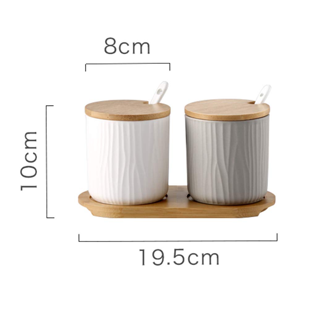 OnePine Set of 2 Ceramic Sugar Bowl 300ml Ceramic Spice Jar Condiment Pots with Bamboo Lid and Ceramic Spoon for Home and Kitchen, Height 3.93 inch,White and Gray