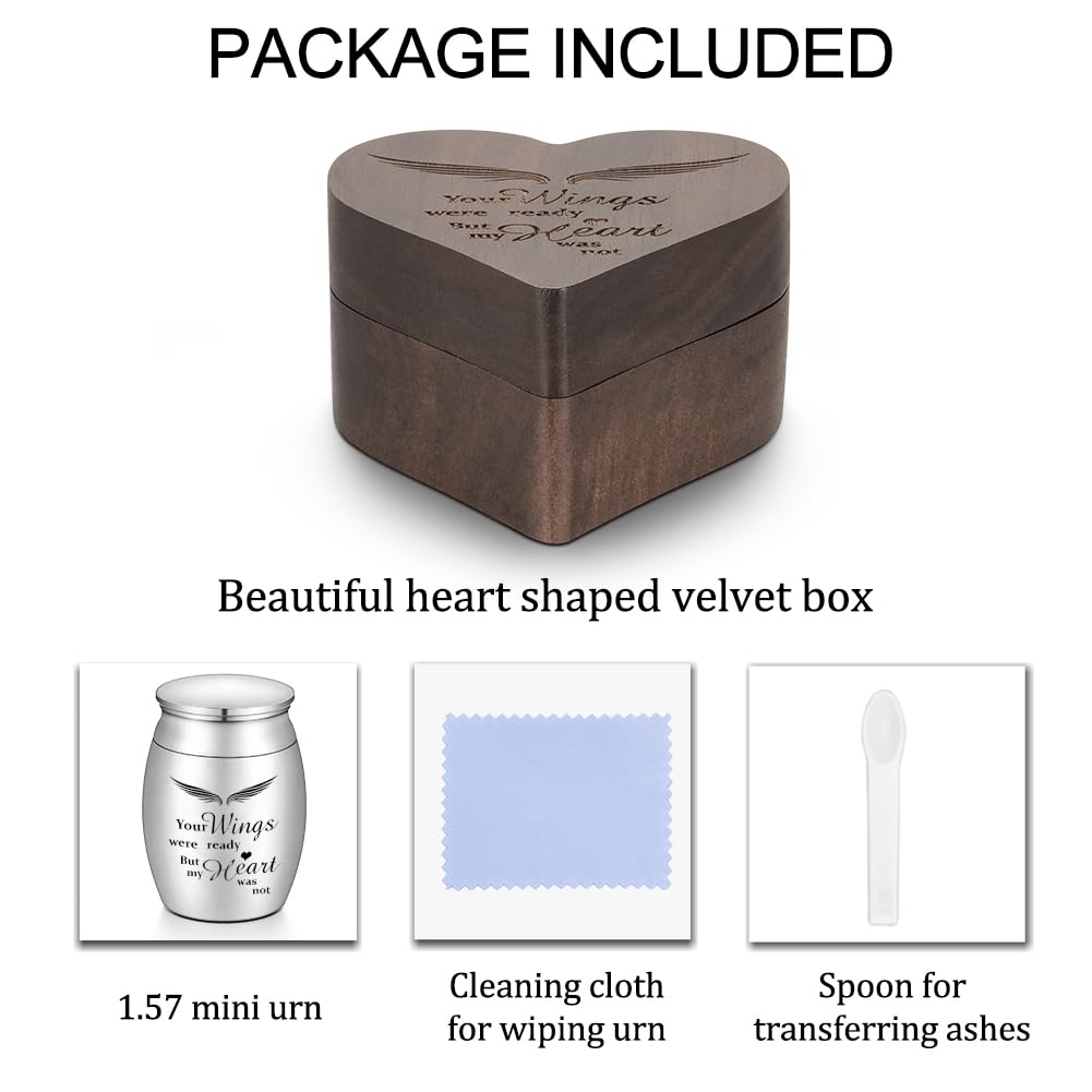 Dletay Angel Wing Small Urns for Human Ashes Heart Shaped Wooden Keepsake Box 1.57 Inches Mini Cremation Urns for Women Men Memorial Funeral Urn