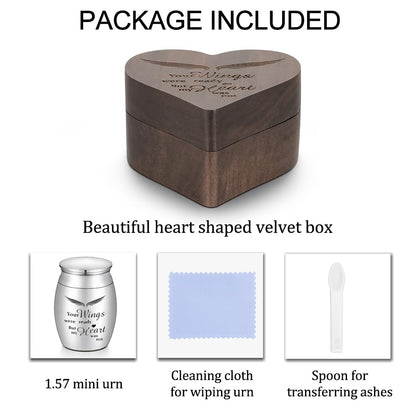 Dletay Angel Wing Small Urns for Human Ashes Heart Shaped Wooden Keepsake Box 1.57 Inches Mini Cremation Urns for Women Men Memorial Funeral Urn