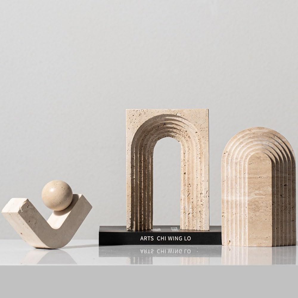 Natural Travertine Geometric Sculpture, Natural Travertine Abstract Ornament for Home Decoration, L7.4 x W2.4 x H5.1