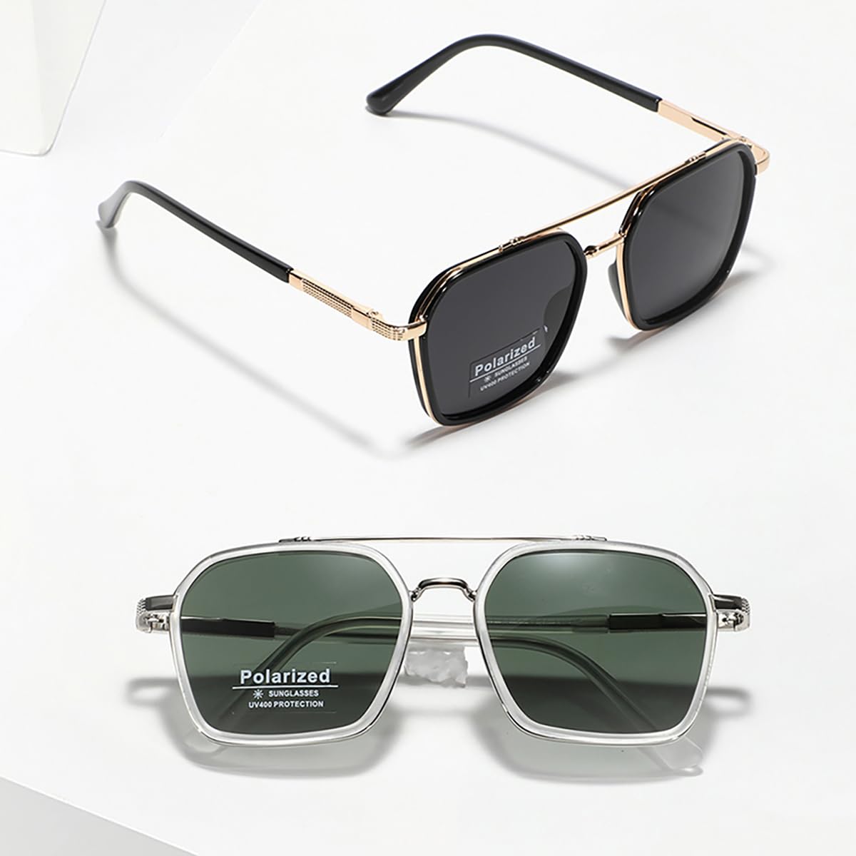 Metal Square Frame Sunglasses Big Tr90 Double Bridge Polarized Sun Glasses TAC Lens Unisex Glasses, Brown