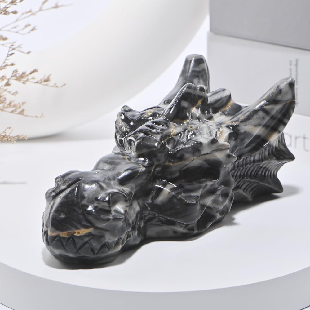 Bmuafry 6''Natural Dragon Head Crystal Skull Head Hand Carved Reiki Healing Stone Statue Healing Home Office Art Room Decoration (Picasso Stone, 6inch)