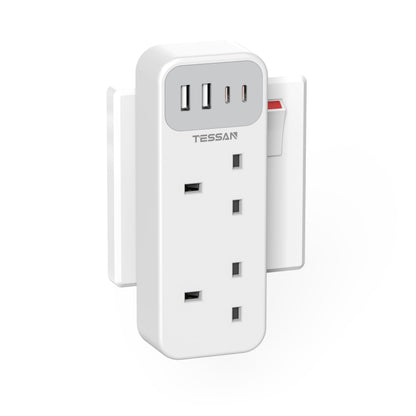 Double Plug Adaptor with 4 USB(2 USB C), TESSAN 2 Way Multi Plug Extension Adapter, UK 13A Fuse Multiplug Sockets Power Extender for Home, Kitchen, Office, School Supplies