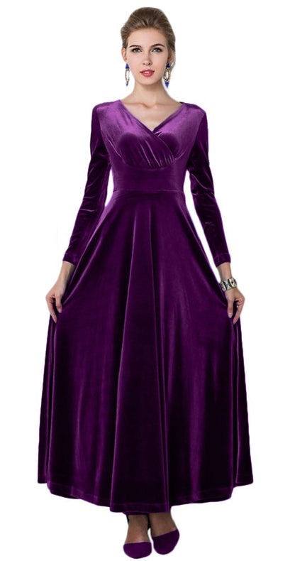Urban CoCo Women Long Sleeve V-Neck Velvet Stretchy Long Dress (as1, Alpha, l, Regular, Regular, Purple)