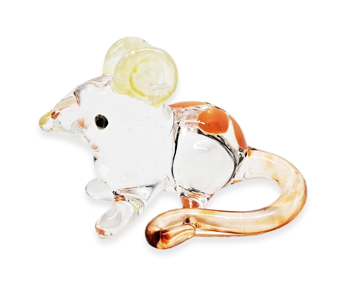 WitnyStore Tiny 1⅜" Clear Mouse Yellow Flower Figurine - Miniature Hand Blown Painted Glass Mice Rat Shrew Rodent Small Crystal Animals Cute Decorative Figures Collectible Figurines Home Décor Gifts