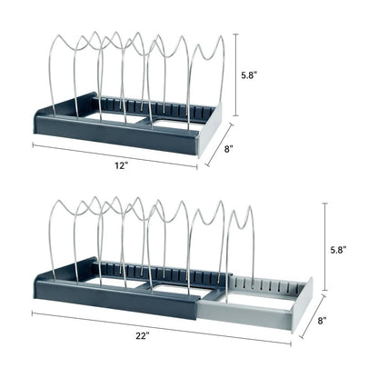 Tenrry Pot and Pan Organizer Rack for Cabinet - Expandable 12" to 22" Kitchen Cabinet Organizer with 7 Dividers, Heavy-Duty ABS Base for Lids, Cutting Boards, Bakeware, Cookware Storage, Grey