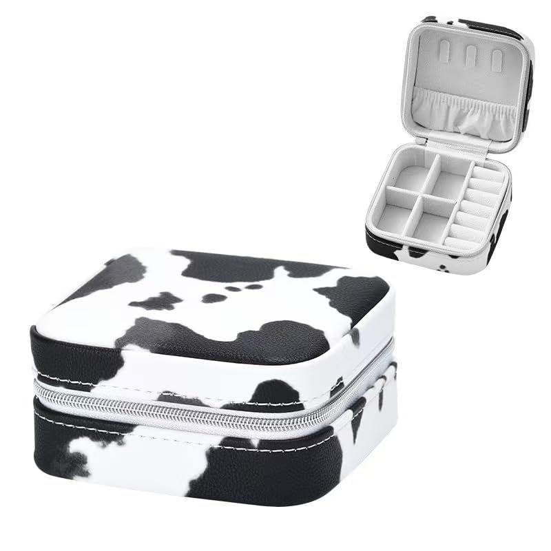 Jinglong Cattleprint Travel Jewelry Box, Compact and Adorable Doggy Jewelry Organizer, Suitable for Rings, Necklaces, and Earrings, Portable Jewelry Storage Box (Brown and white cow pattern)