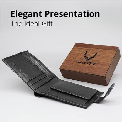 PELLE TORO All-in-One Handmade Mens Wallet with RFID Blocking, Coin Pocket, Fine Leather Card Wallet for Men with 8 Slots and Zip Section, in Wooden Gift Box, Black