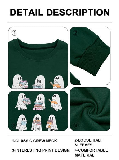 UNIQUEONE Halloween Sweatshirts for Women Ghost Reading Books Sweater Cute Spooky Bookish Shirt Fall Pullover Long Sleeve Tops Green