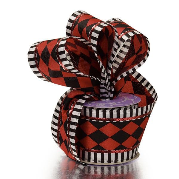 2 1/2" X 10 Yards Red/Black Harlequin Stripe Wired Ribbon Halloween