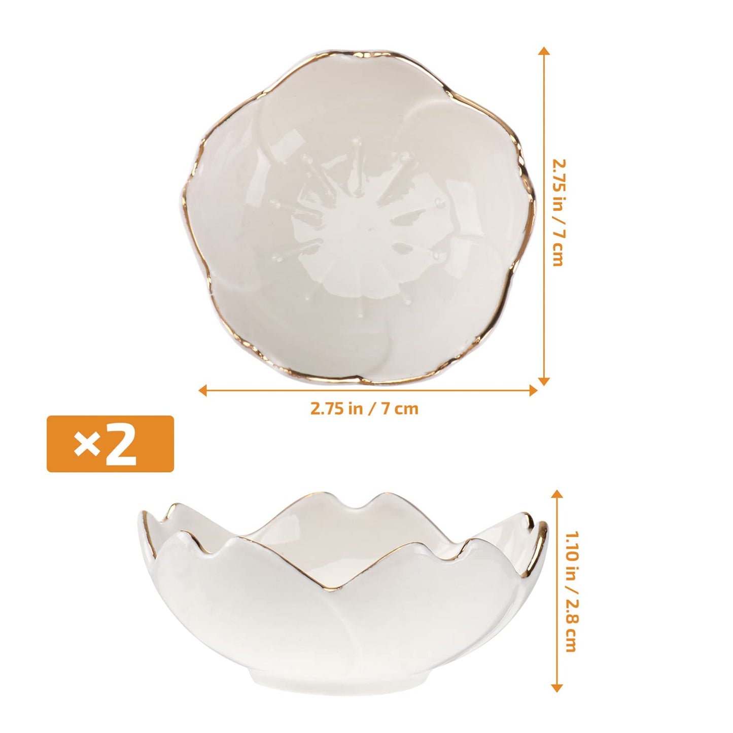 Cabilock Ceramic Dipping Bowls 2 Pcs White Porcelain Flower Sauce Dish 2.75 Inch Condiment Plate for Kitchen Bbq Soy Sauce Vinegar