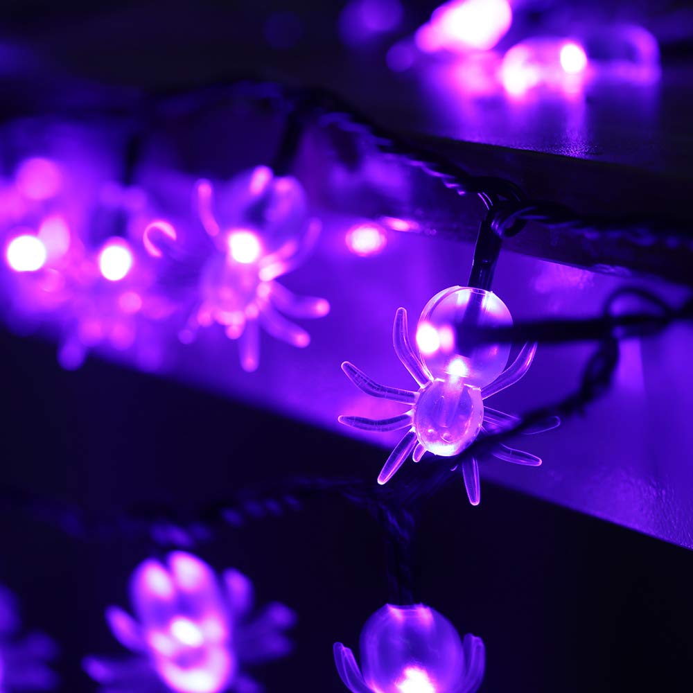 RECESKY 2Pack 20 LED Purple Spider String Lights with Timer - Total 13Ft Battery Powered Halloween String Light - Spooky Decor for Indoor House Party Holiday Window Halloween Decorations