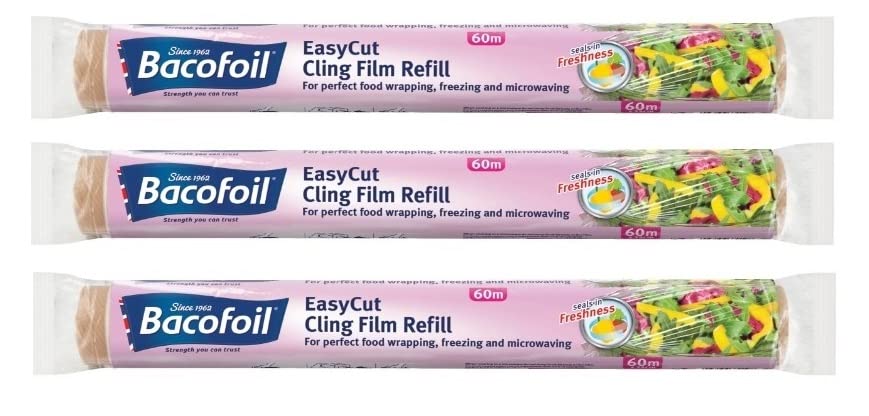 3 x EasyCut Cling Film Refill Rolls for Perfect Food Wrapping Freezing and Microwaving 35cm x 60m