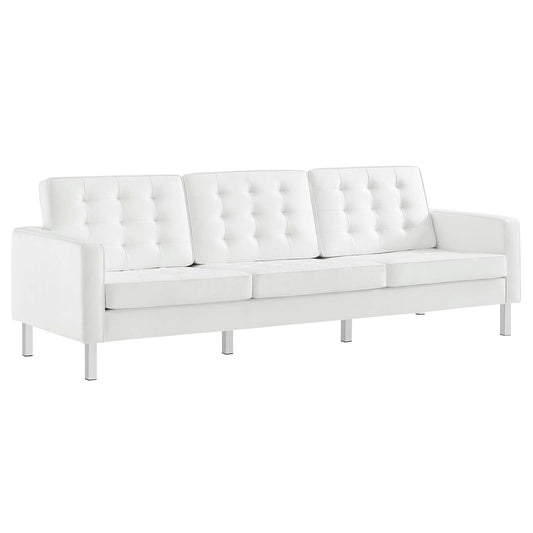 Modway Loft Tufted Button Faux Leather Upholstered Sofa in Silver White