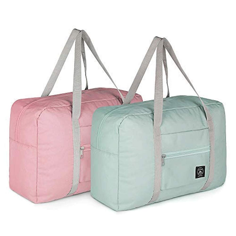 2 Pack Foldable Travel Duffel Bag for Airlines Carry on Bag Weekender Overnight Hospital Tote Bag Gym Duffel Bag, BLUE&PINK