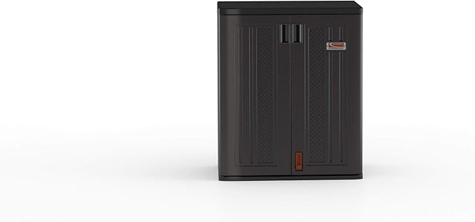 Suncast Heavy-Duty Resin Outdoor Storage Cabinet, 30" W x 20.25" D x 36" H Dark Grey Base Garage Storage Cabinet with Lockable Doors and Metal Reinforced Shelves, Made in The USA