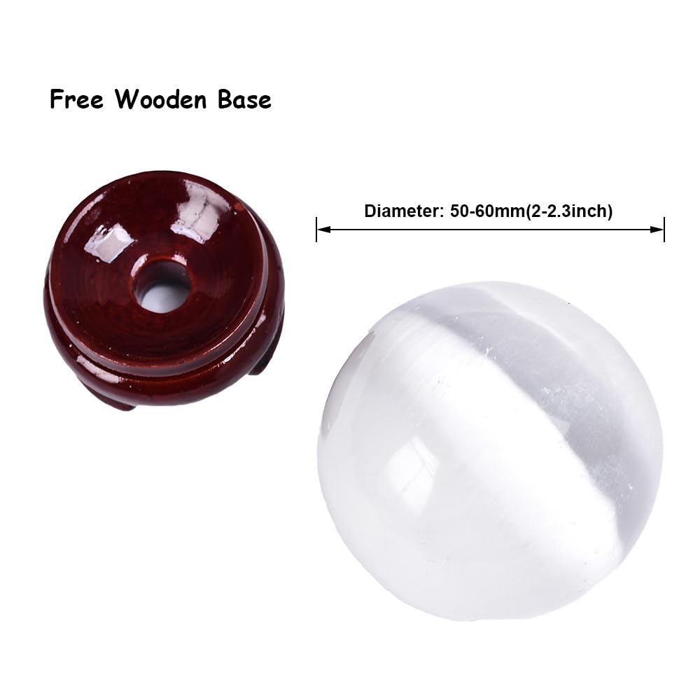 JIC Gem Selenite Crystal Ball with Wooden Stand Healing Crystal Sphere for Meditation, Home Decoration 2-2.3 Inch(50-60mm)
