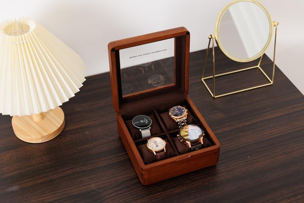 LIBOLXSP Watch Box, Watch Case for Men Women with Large Glass Lid, Wooden Watch Display Storage Box with 4 Slots, Solid Wood Walnut Mens Watch Box Organizer Velvet Lining for Father‘s Day Gift