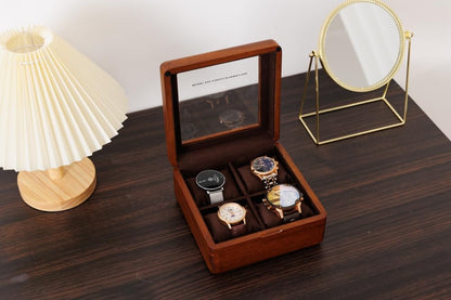 LIBOLXSP Watch Box, Watch Case for Men Women with Large Glass Lid, Wooden Watch Display Storage Box with 4 Slots, Solid Wood Walnut Mens Watch Box Organizer Velvet Lining for Father‘s Day Gift