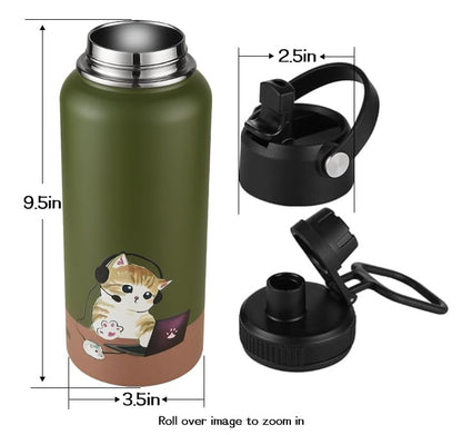 Funkrin Insulated Water Bottle with Straw Lid & Spout Lid, 32oz Personalized Vacuum Stainless Steel Travel Mug, Leak Proof Double Wall Bottle for Hot & Cold Beverages
