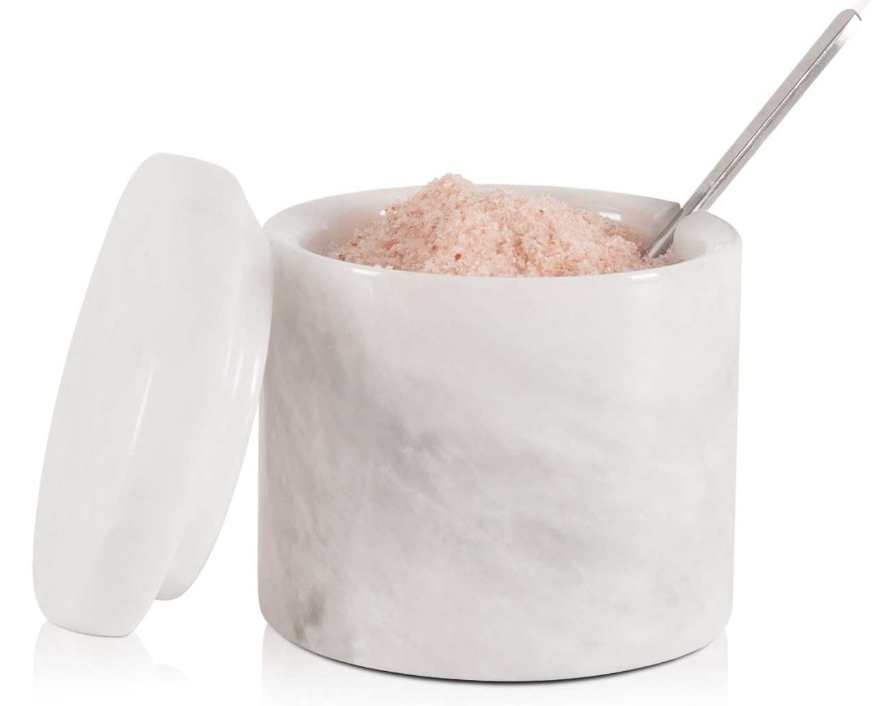 SPESHSTONES White Marble Salt Cellar 3 Inch Handmade Stone Salt Containers for Countertop, 5.2 oz Sugar Jar with Lid and Spoon, Salt Bowl, Marble Salt Holder to Store Spice, Table & Flaky Salt